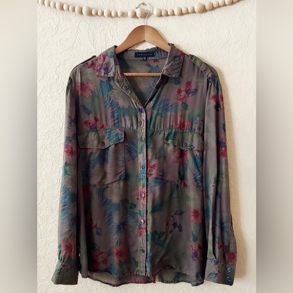 Sanctuary Tops - Sanctuary green floral snap front shirt long sleeve tunic top oversized Sz small